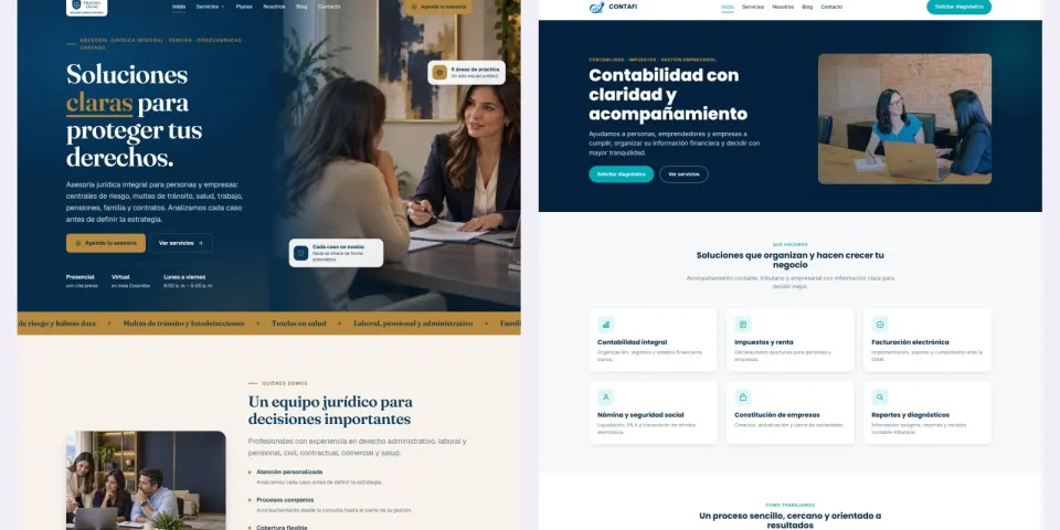 Páginas de inicio de los sitios web de Pragma Legal y Contafi, una al lado de la otra