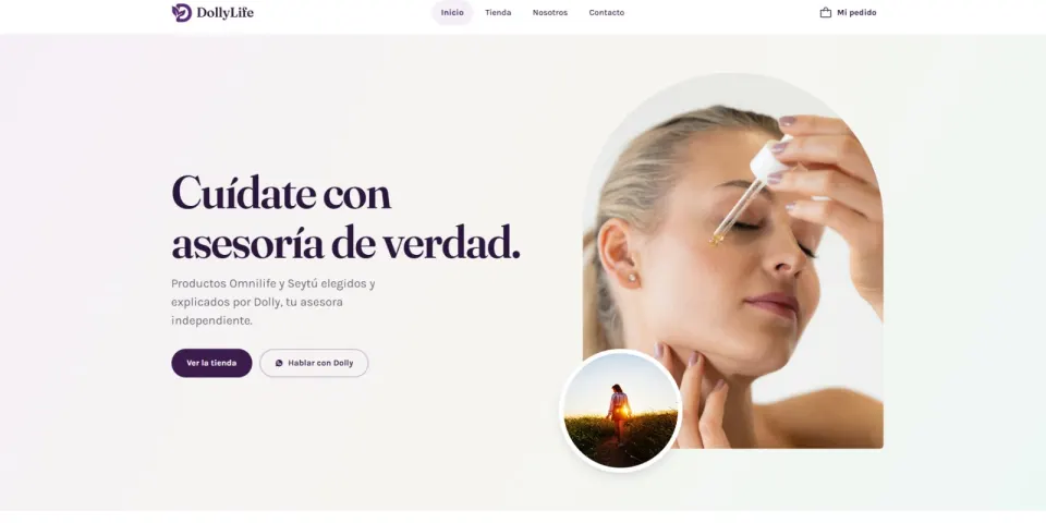 Página de inicio de la tienda DollyLife con productos Omnilife y Seytú y botón para hablar con Dolly