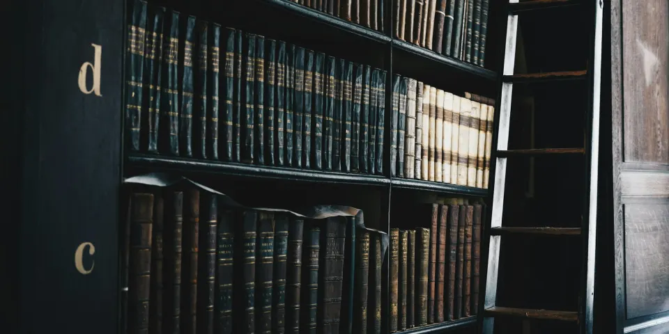 Biblioteca con estantes llenos de libros de derecho encuadernados