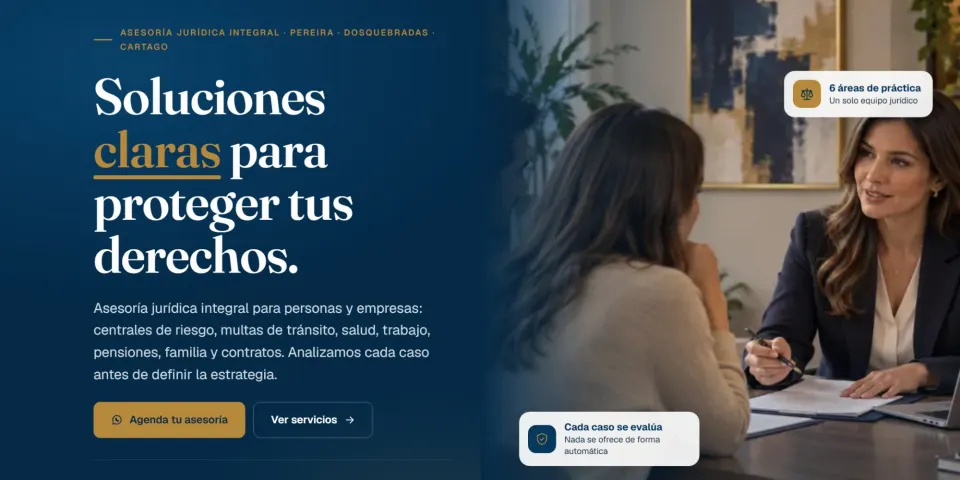 Página de inicio del sitio web de Pragma Legal con su mensaje principal y botón de contacto