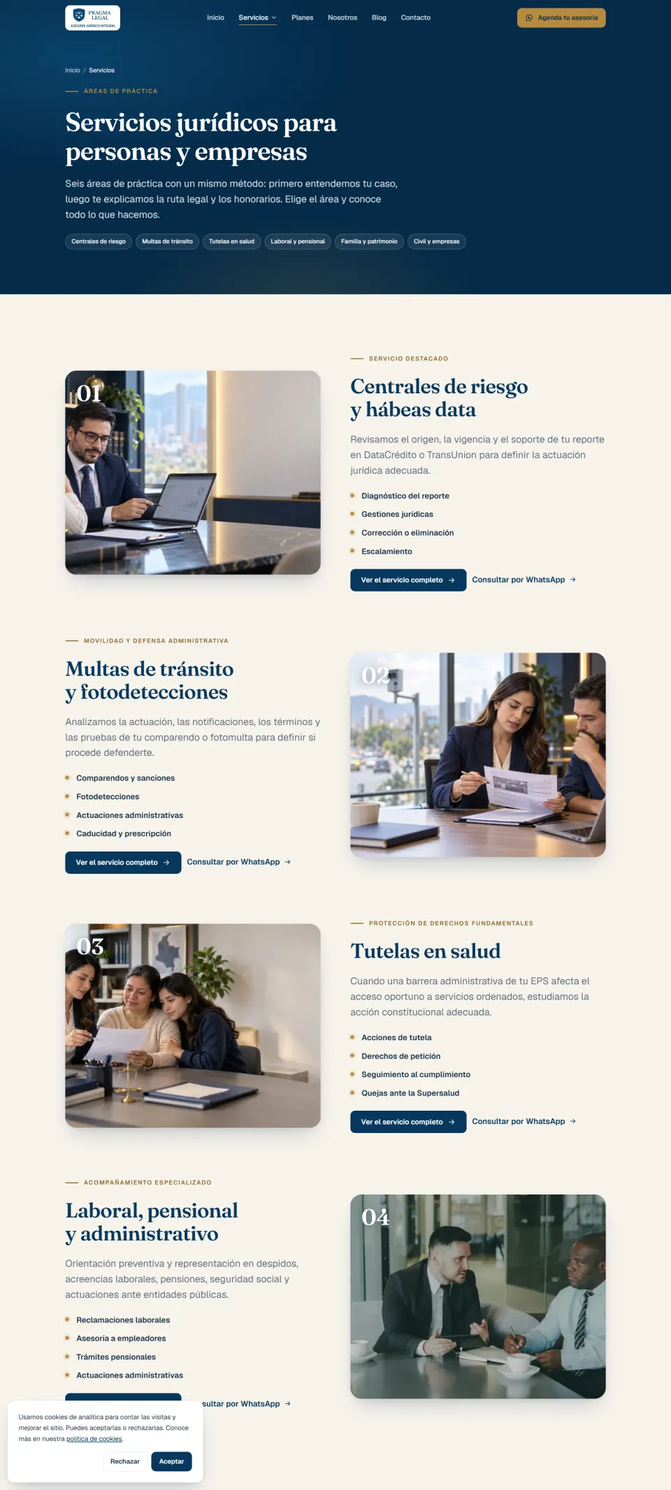 Página /servicios de Pragma Legal